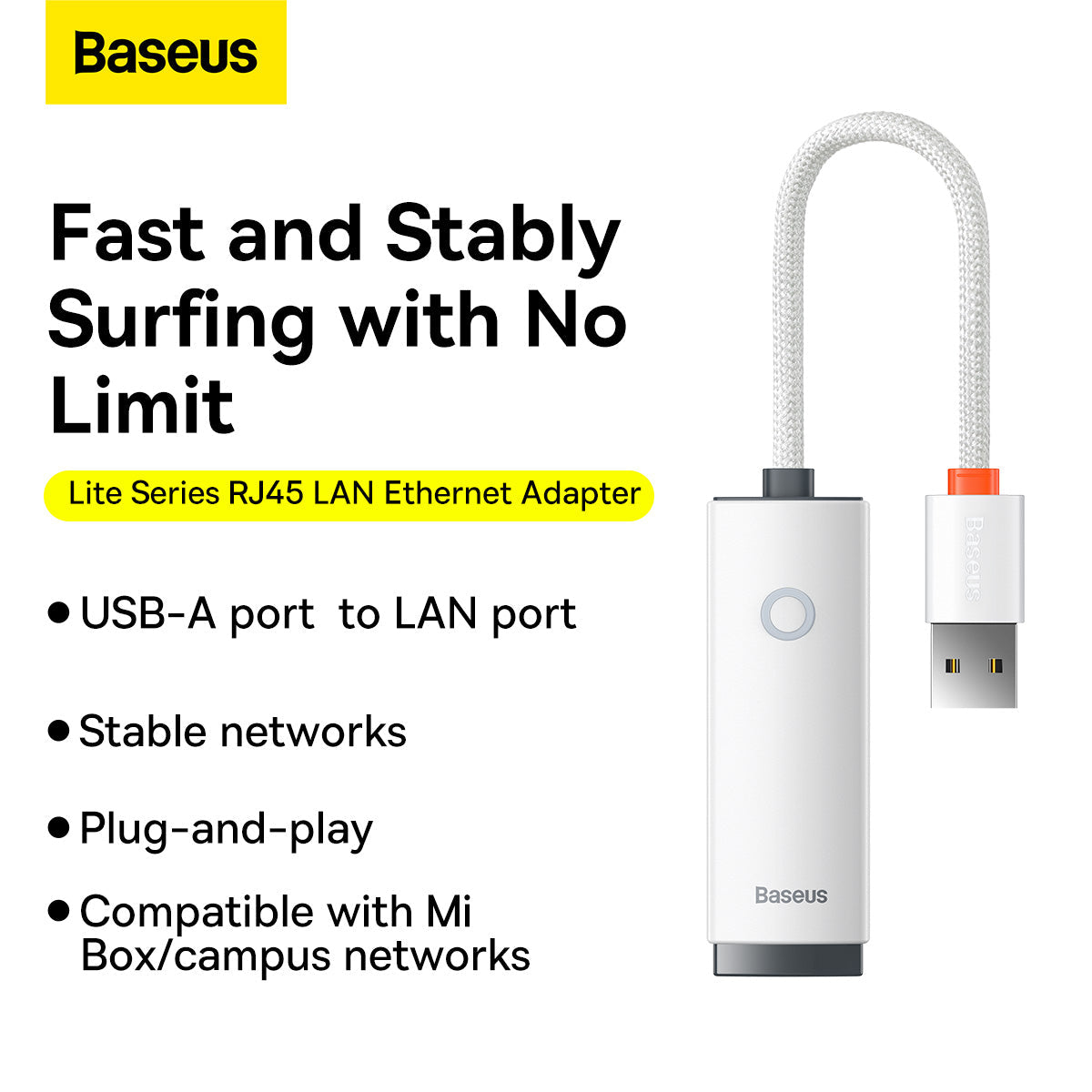 Baseus Lite Series Ethernet Adapter USB-A to RJ45 LAN Port (100Mbps) - White