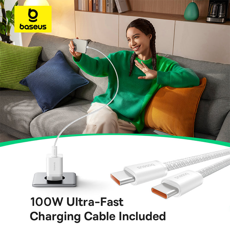Baseus GaN5 Fast Charger (mini) 1C 25W EU - Moon White (with: Baseus Dynamic 3 Cable Type-C to Type-C 100W 1m Moon White)