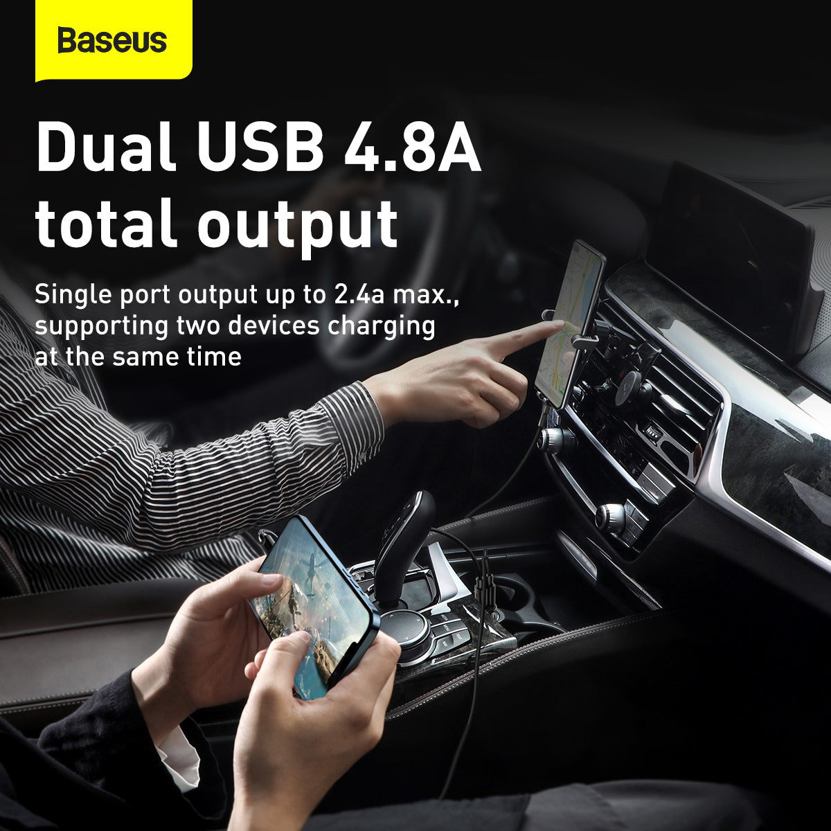 Baseus Grain Pro Series Smart Fast Charge Dual USB 4.8A 12V-24V Car Charger Black