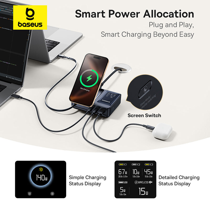 Baseus NOMOS 5-in-1 Desktop Charger 3C+U 140W EU Qi2 Wireless Charging - Cosmic Black