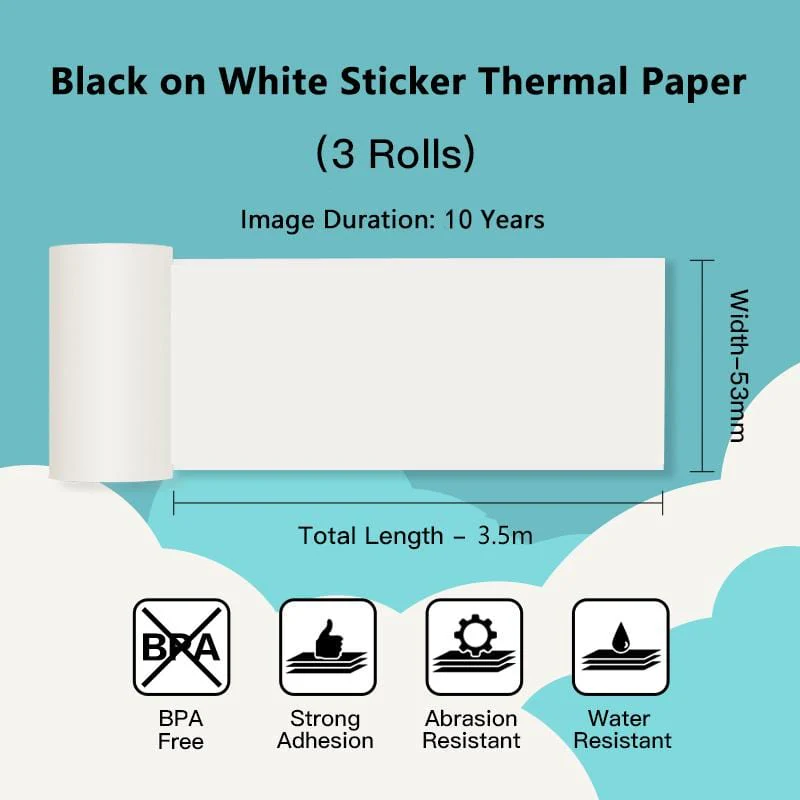 Phomemo 53mm White Sticker 10-Year-Lasting Thermal Paper for T02丨3 Rolls