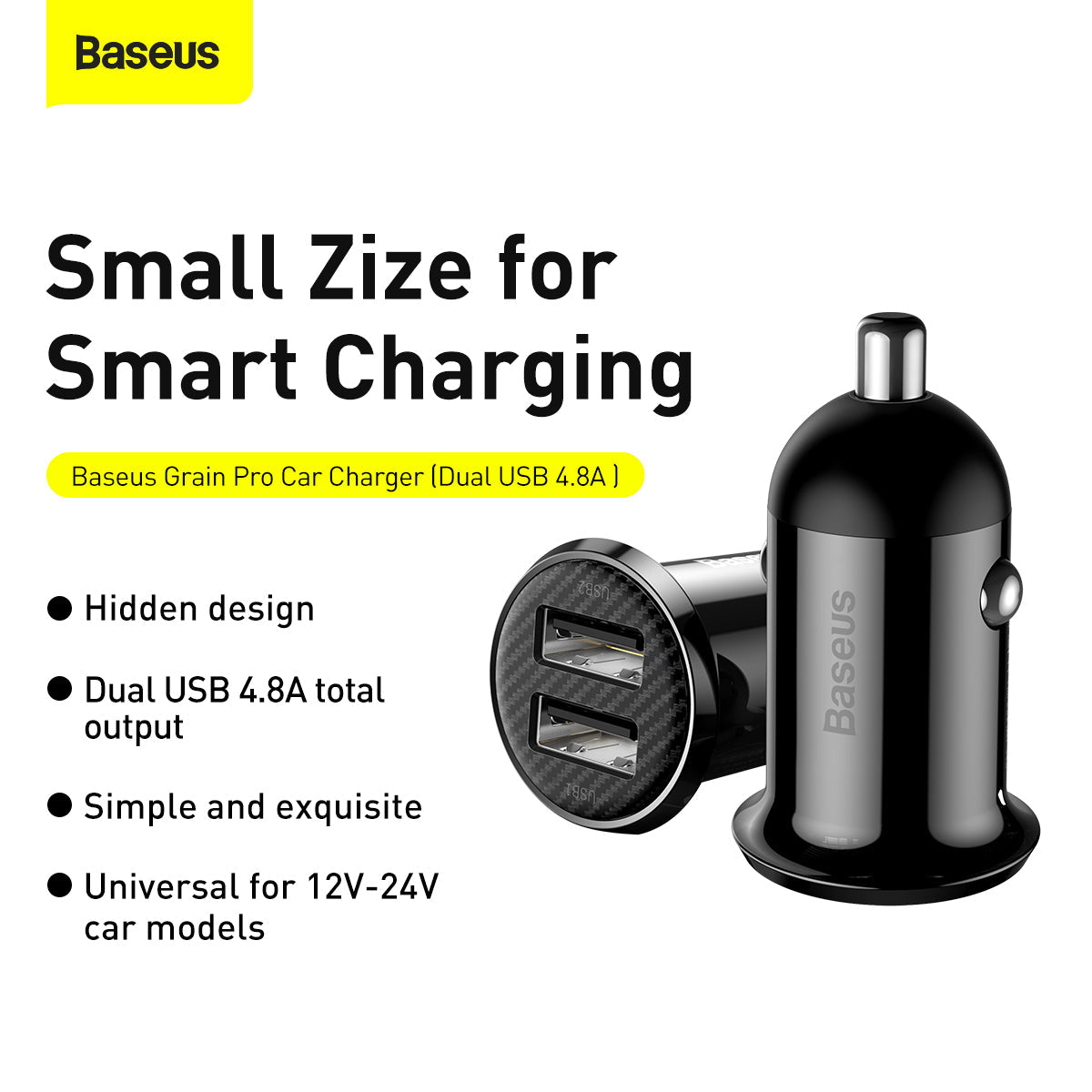 Baseus Grain Pro Series Smart Fast Charge Dual USB 4.8A 12V-24V Car Charger Black