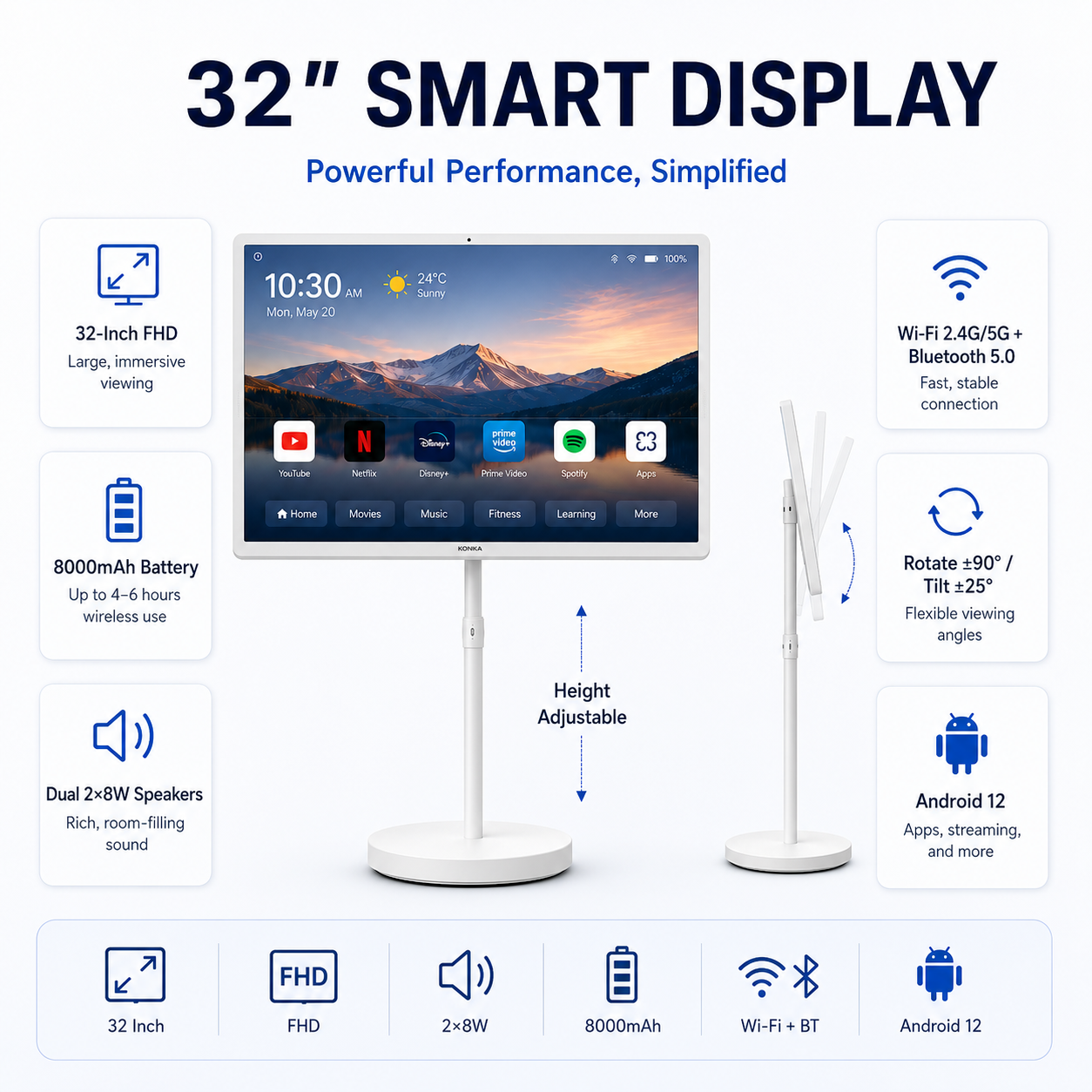 32 Inch Portable Smart TV FHD 1080p Android Battery Powered Display Stand