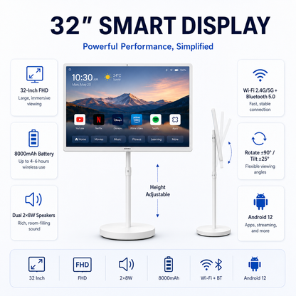 32 Inch Portable Smart TV FHD 1080p Android Battery Powered Display Stand