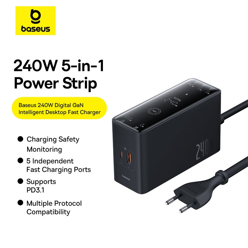 Baseus Digital GaN Intelligent Desktop Fast Charger 3C+U+DC 240W EU Cluster Black (With:DC-DC Charging Cable 240W 1m Black) 5-in-1 power strip
