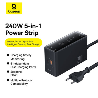 Baseus Digital GaN Intelligent Desktop Fast Charger 3C+U+DC 240W EU Cluster Black (With:DC-DC Charging Cable 240W 1m Black) 5-in-1 power strip