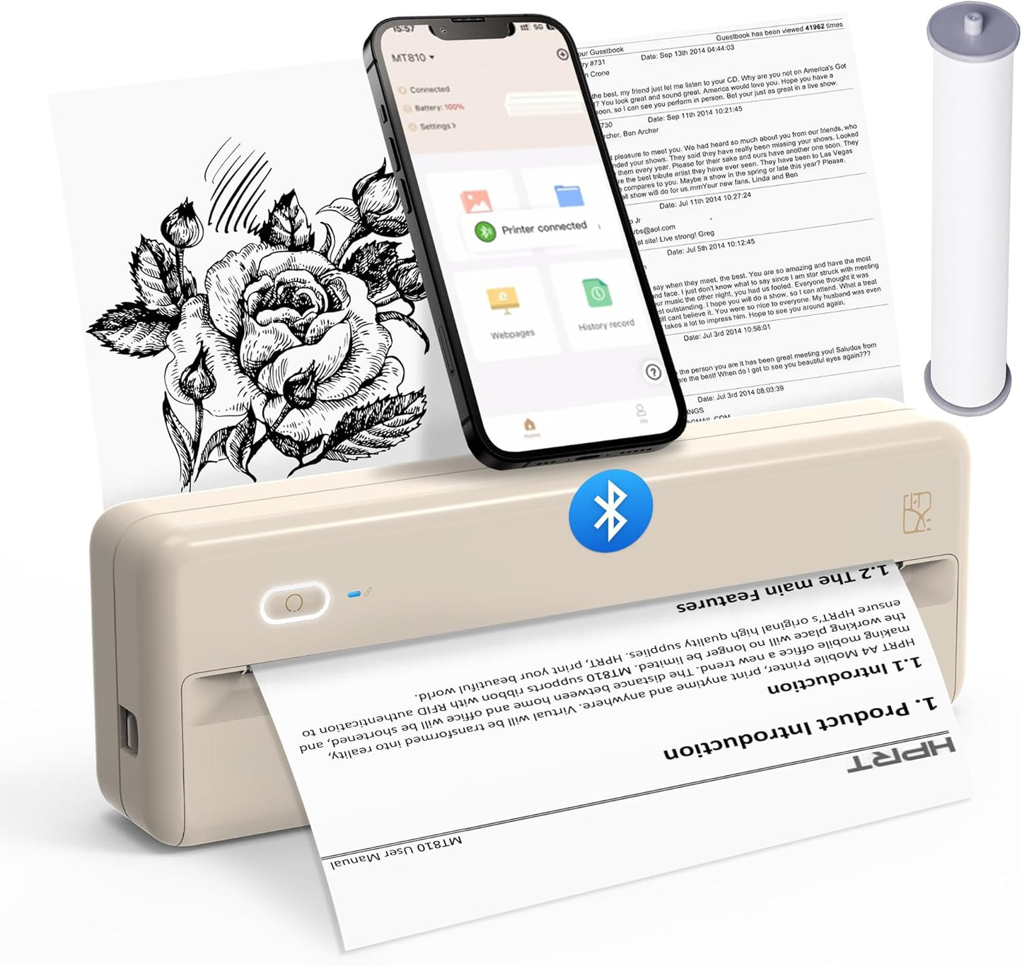 HPRT MT810 - Portable Printer With A Roll of Thermal Paper - Office/Home Cream White