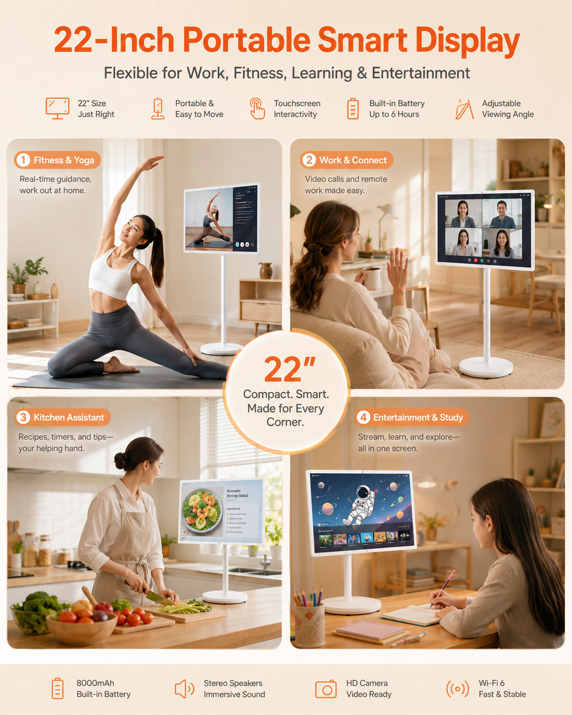 Portable 22 Inch Smart TV FHD 1080p Android Battery Powered Display