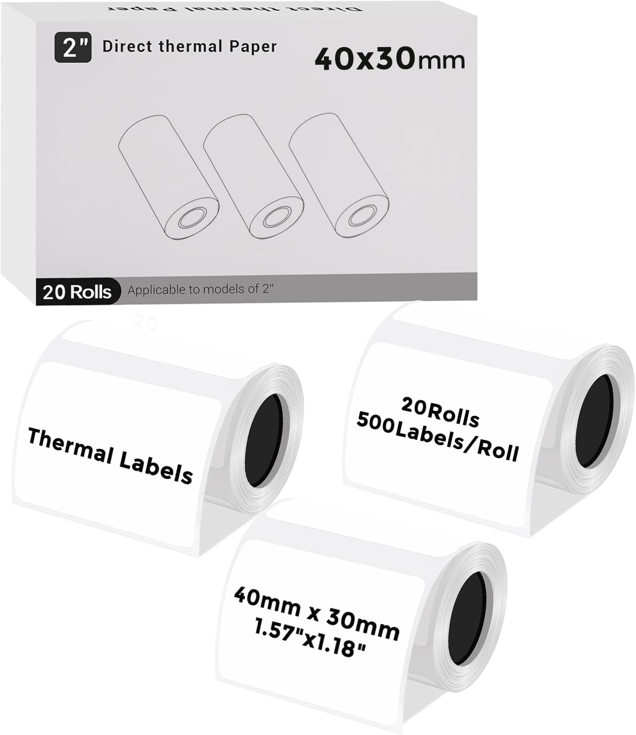 Thermal Labels – 40mm x 30mm, Strong Adhesive, 20 Rolls (10,000 Labels Total) for Barcode Printers