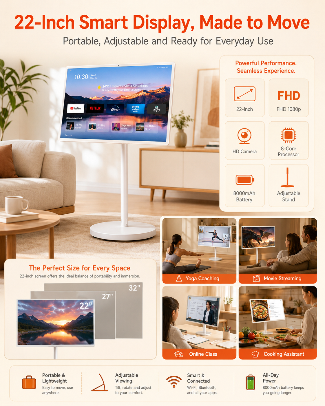 Portable 22 Inch Smart TV FHD 1080p Android Battery Powered Display