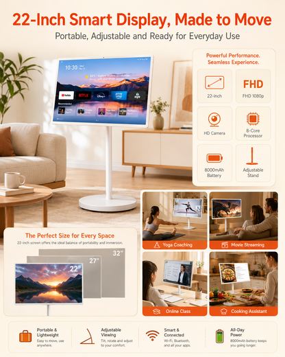 Portable 22 Inch Smart TV FHD 1080p Android Battery Powered Display