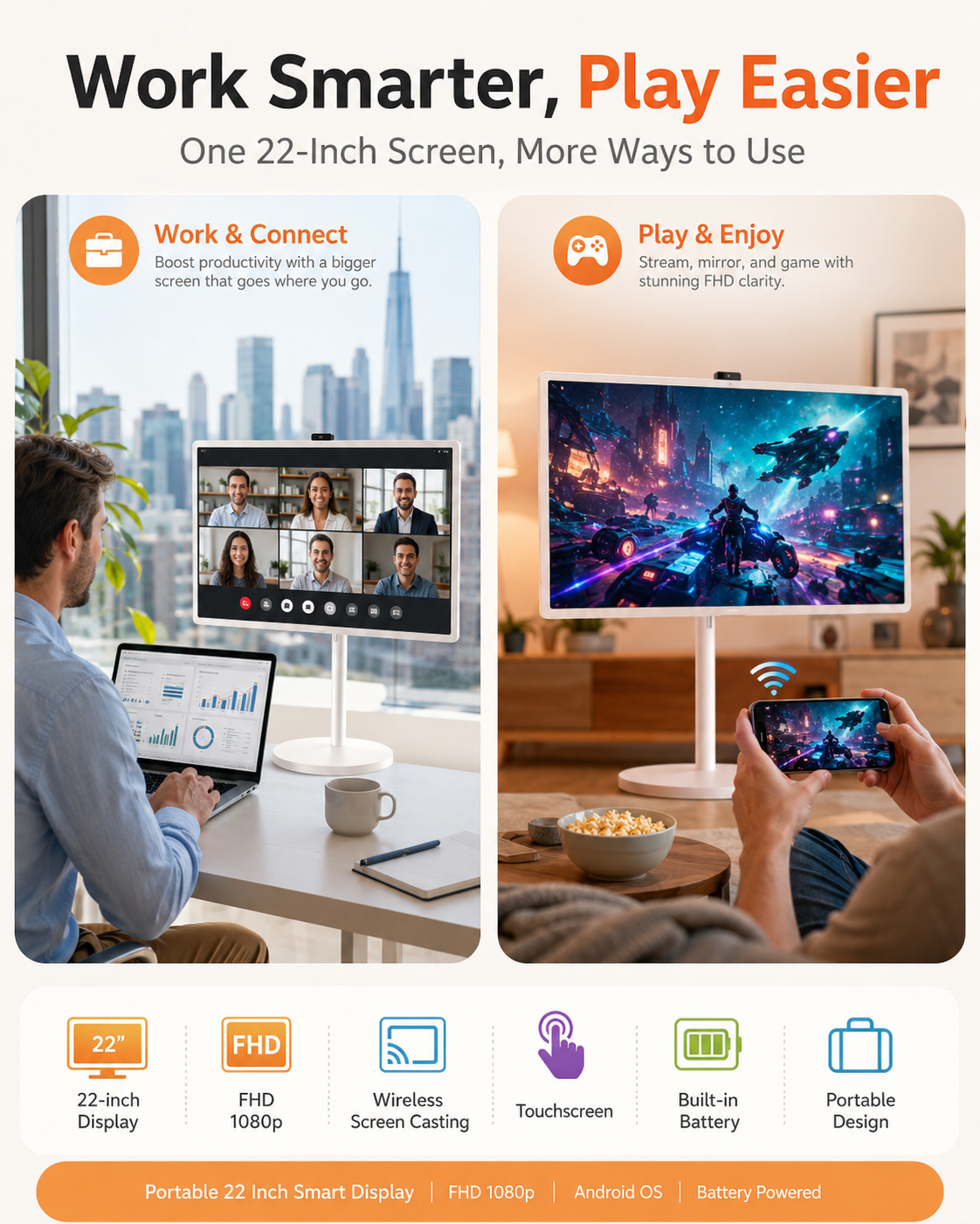 Portable 22 Inch Smart TV FHD 1080p Android Battery Powered Display