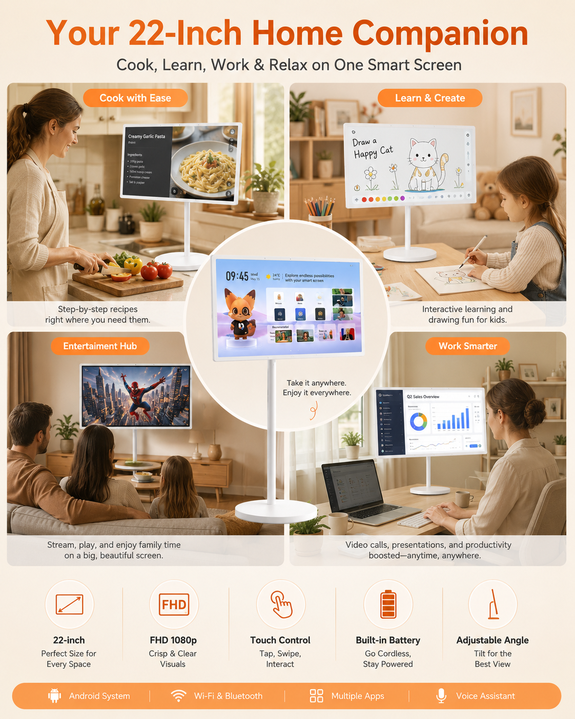 Portable 22 Inch Smart TV FHD 1080p Android Battery Powered Display