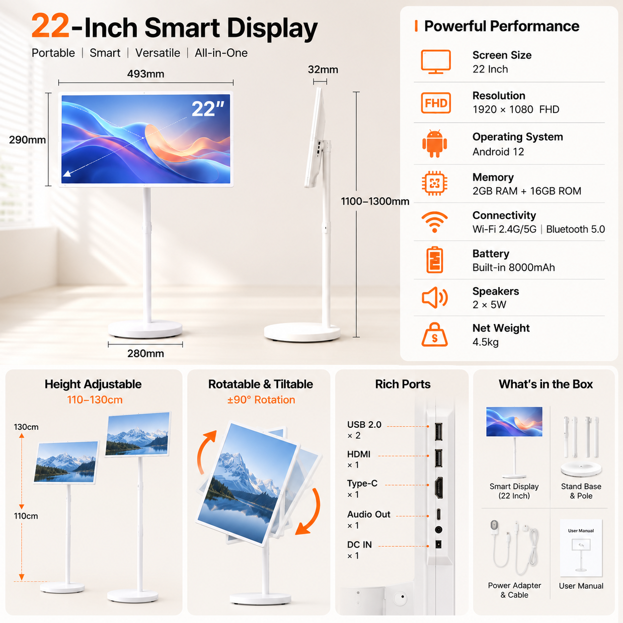 Portable 22 Inch Smart TV FHD 1080p Android Battery Powered Display
