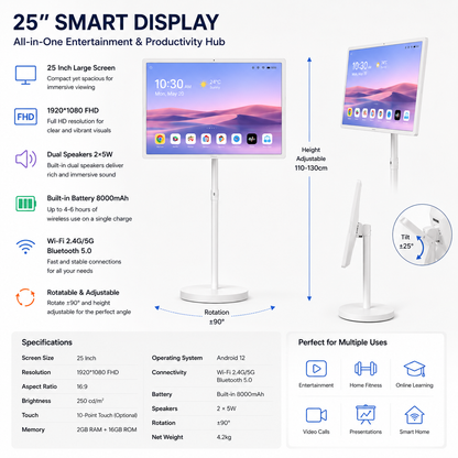 Portable 25 Inch Smart TV FHD 1080p Android Battery Powered Display