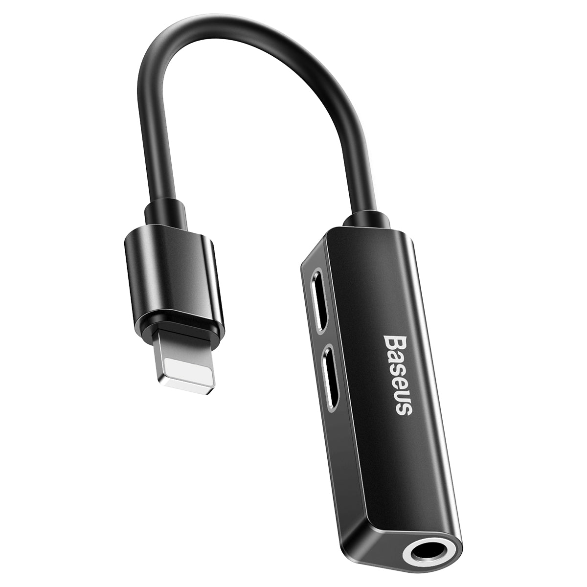 A black Baseus L52 3 in 1 Male iOS to Dual iOS and 3.5mm Female Audio Adapter with visible Lightning and 3.5mm ports.