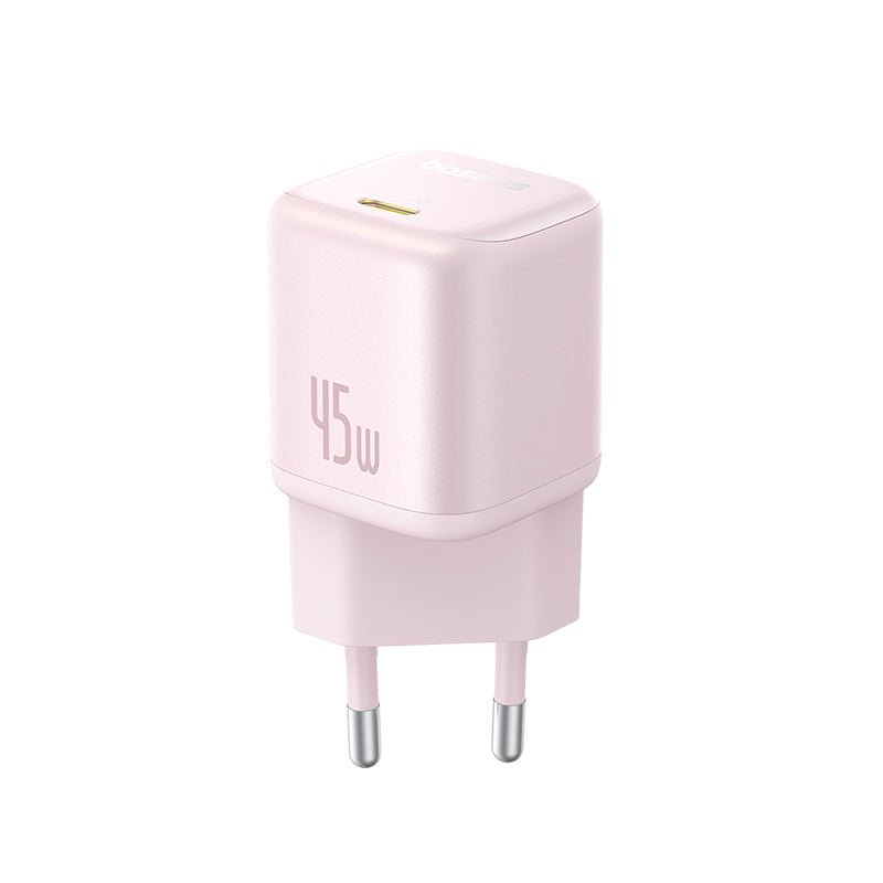 The Baseus PicoGo GaN Fast Charger 1C 45W EU Baby Pink With Type-C port on White Background