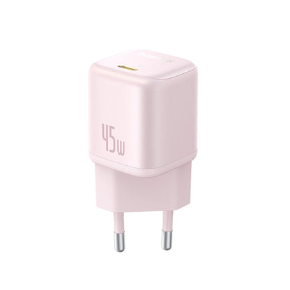 The Baseus PicoGo GaN Fast Charger 1C 45W EU Baby Pink With Type-C port on White Background