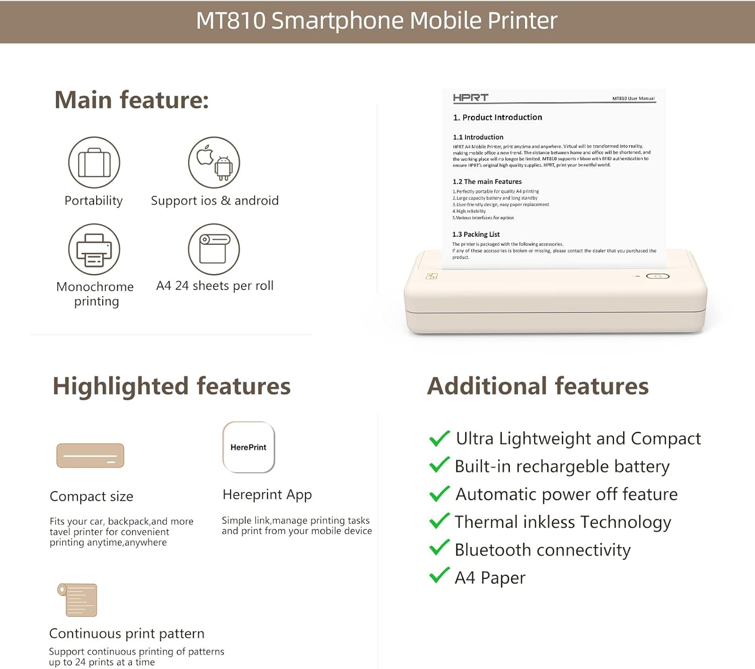 HPRT MT810 - Portable Printer With A Roll of Thermal Paper - Office/Home