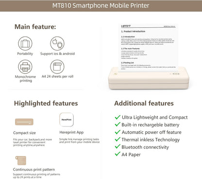HPRT MT810 - Portable Printer With A Roll of Thermal Paper - Office/Home