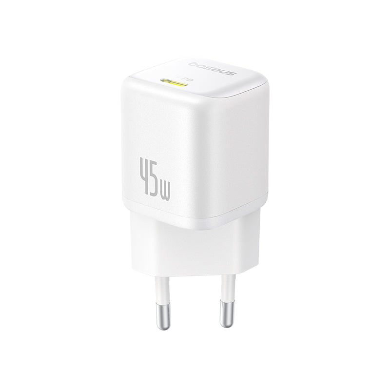 The Baseus PicoGo GaN Fast Charger 1C 45W EU Moon White With Type-C port on White Background