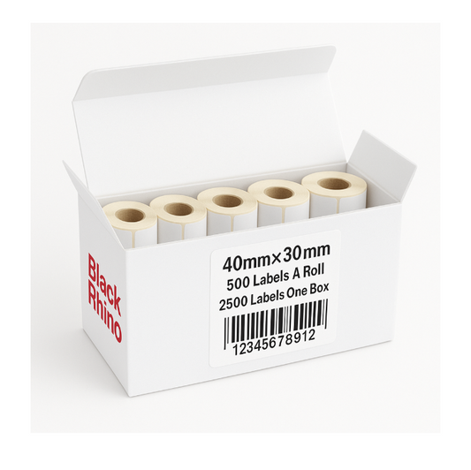 Black Rhino Thermal Label Stickers - 40x30mm, 500 Labels/Roll, Pack of 5