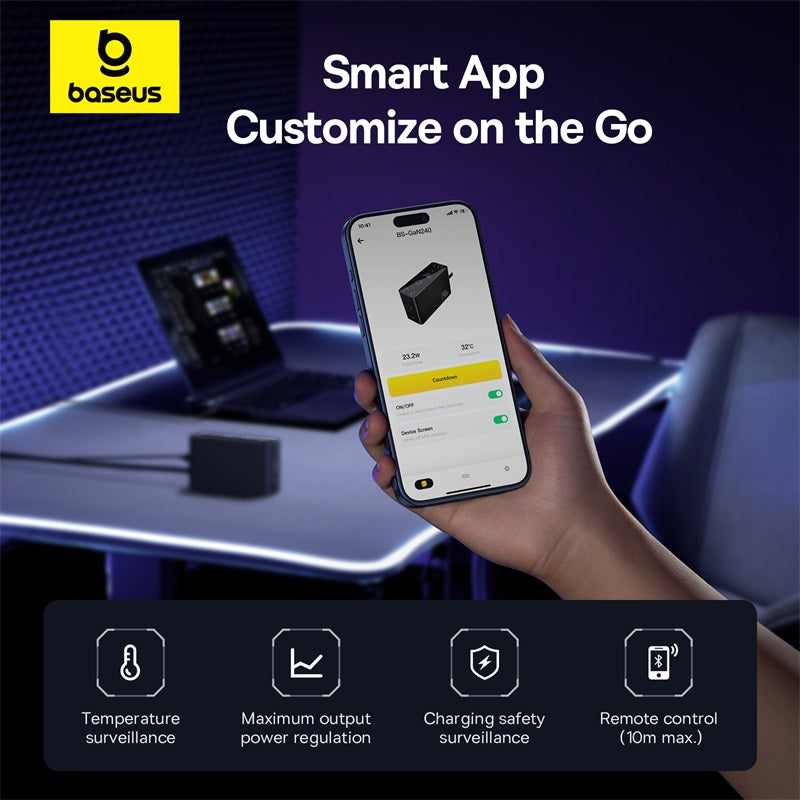 Baseus Digital GaN Intelligent Desktop Fast Charger 3C+U+DC 240W EU Cluster Black (With:DC-DC Charging Cable 240W 1m Black) Smart App customize on the go