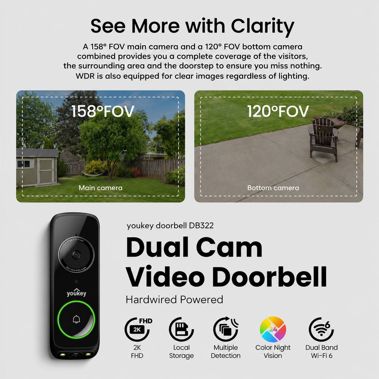 Youkey DB322 2K Dual Cam Video Doorbell with Wide View and Package Guard