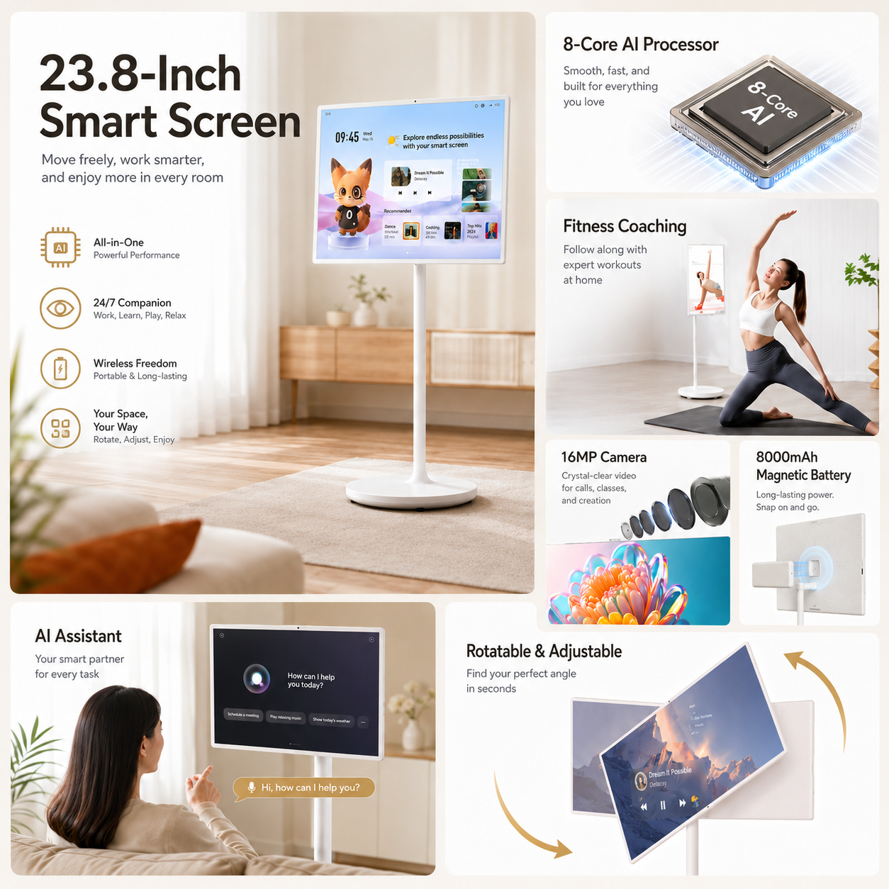 Portable 23.8 Inch Smart TV FHD 1080p Android Battery Powered Display