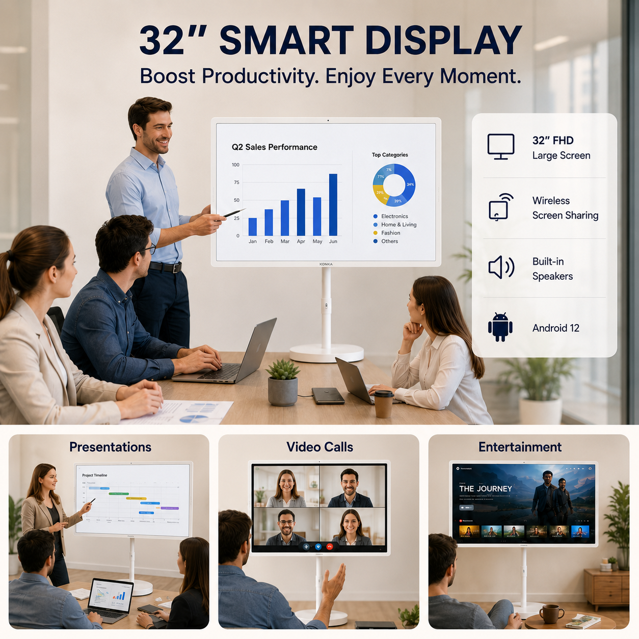 32 Inch Portable Smart TV FHD 1080p Android Battery Powered Display Stand