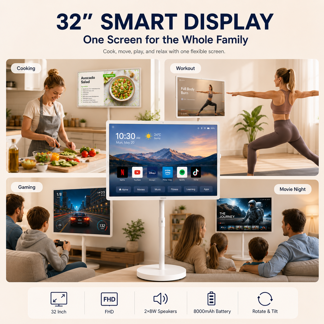 32 Inch Portable Smart TV FHD 1080p Android Battery Powered Display Stand