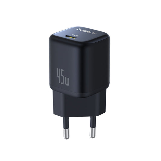 The Baseus PicoGo GaN Fast Charger 1C 45W EU Type-C Port On Cosmic Black White Background