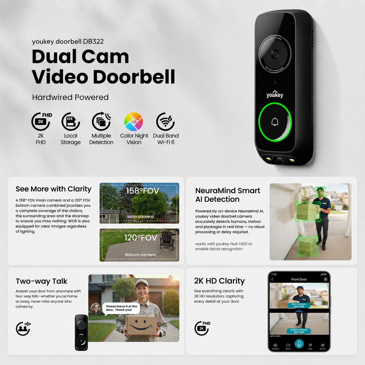 Youkey DB312 2K Dual Cam Video Doorbell with 6400mAh Battery and AI Radar
