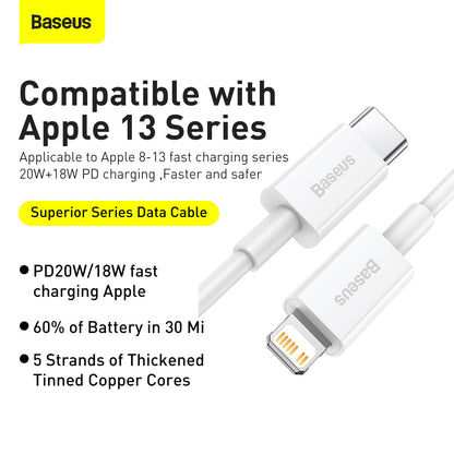 Baseus Superior Series Fast Charging Data Cable Type C to iOS PD 20W 2M White