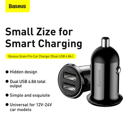 Baseus Grain Pro Series Smart Fast Charge Dual USB 4.8A 12V-24V Car Charger Black
