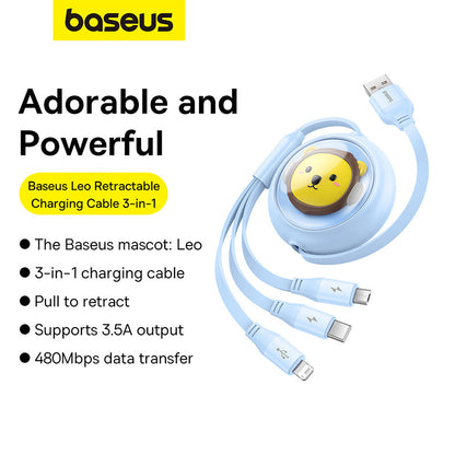 Baseus Leo Retractable Charging Cable 3-in-1 USB to M+L+C 3.5A Blue 14