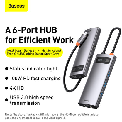 Baseus Metal Gleam Series 6 in 1 Multifunctional HDMI and RJ45 Type C Hub Silver 3