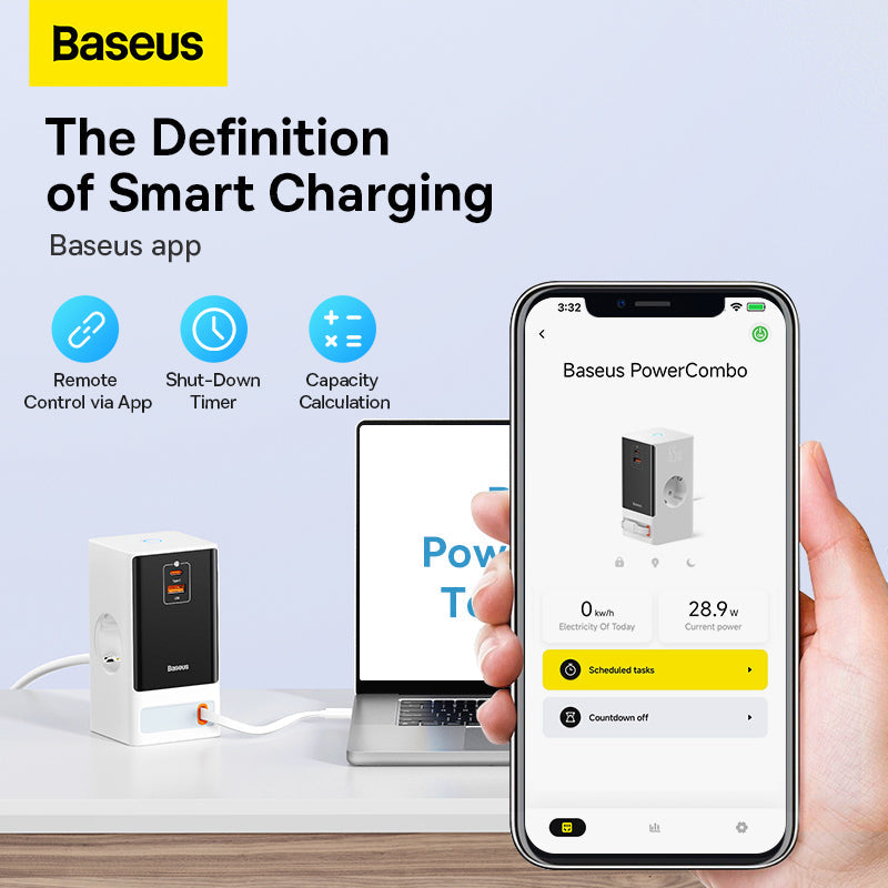 Baseus PowerCombo Series 65W Digital PowerStrip with Retractable-C Cable - Smart Version White 6