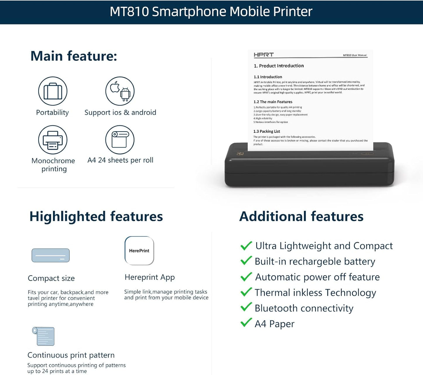 HPRT MT810 - Portable Printer With A Roll of Thermal Paper - Office/Home