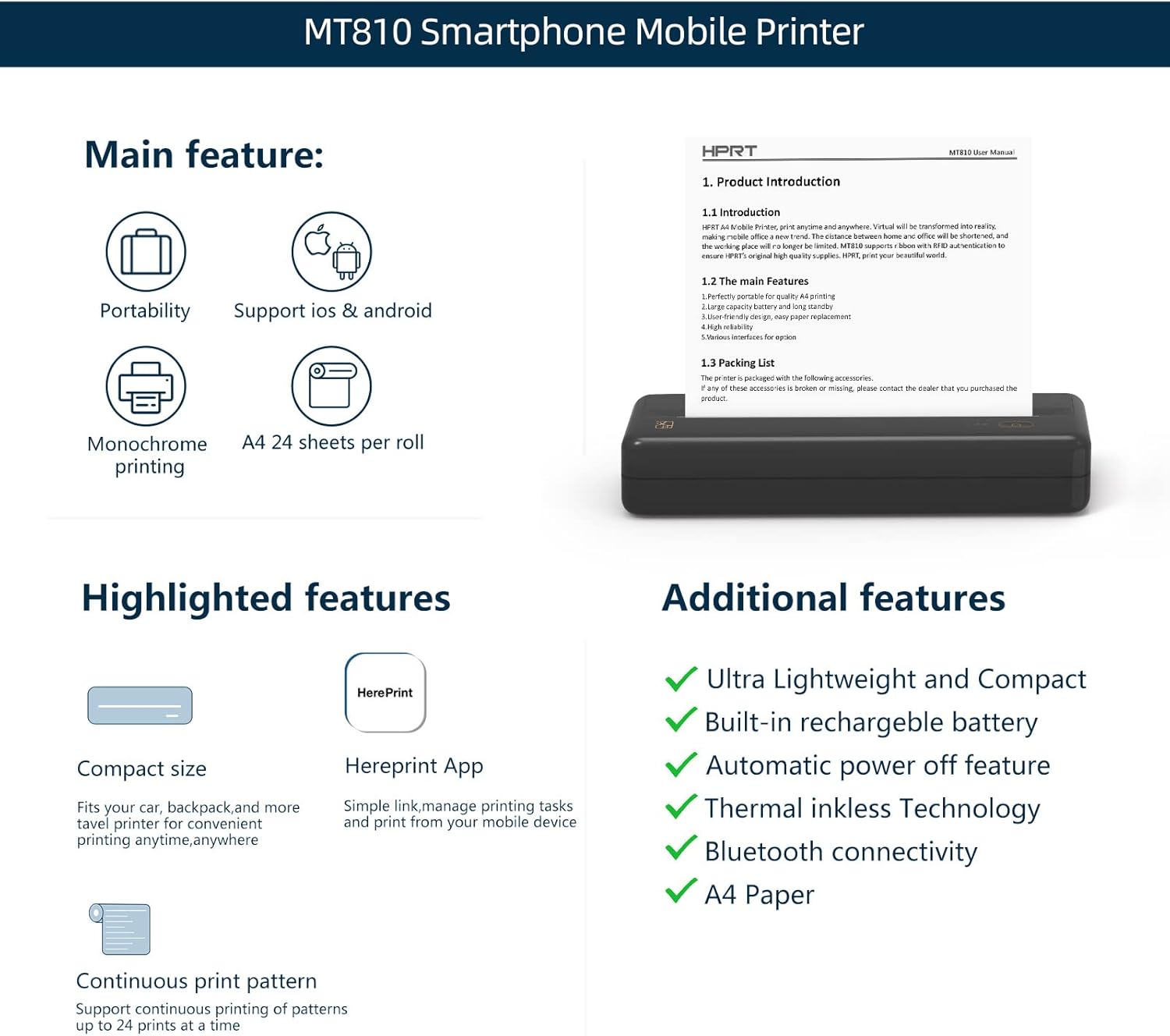 HPRT MT810 - Portable Printer With A Roll of Thermal Paper - Office/Home