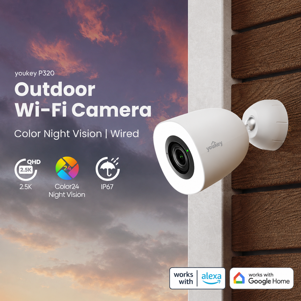 Youkey P320 2.5K QHD Outdoor Wi-Fi Camera IP67 Auto Light Night Vision