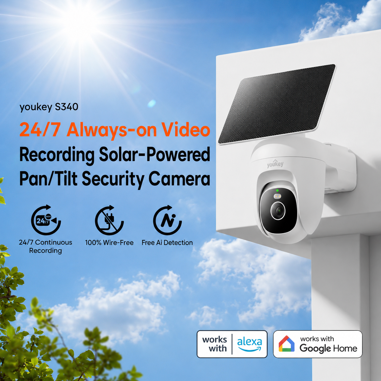 Youkey 2K Solar Wireless Outdoor Security Camera with Smart Detection