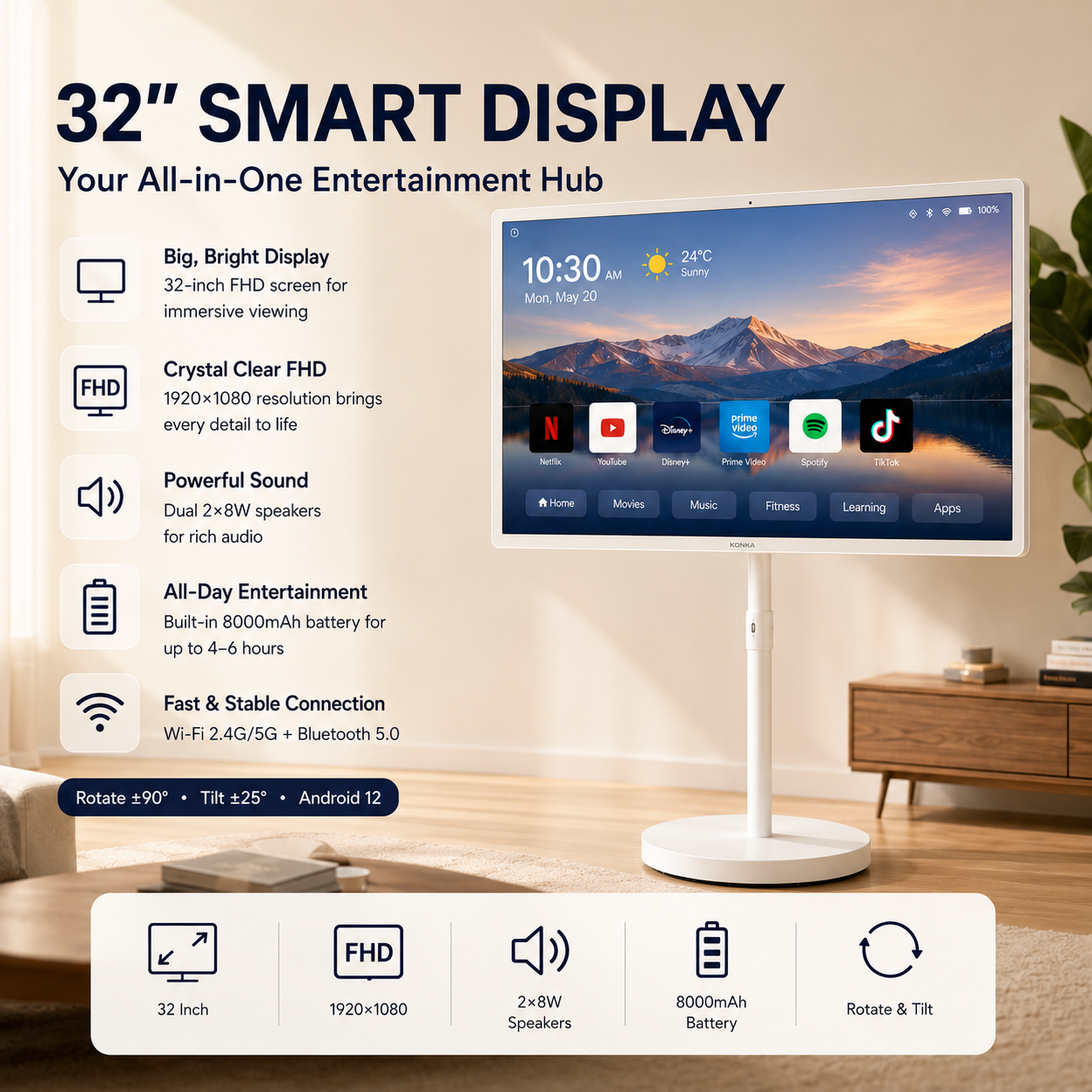 32 Inch Portable Smart TV FHD 1080p Android Battery Powered Display Stand